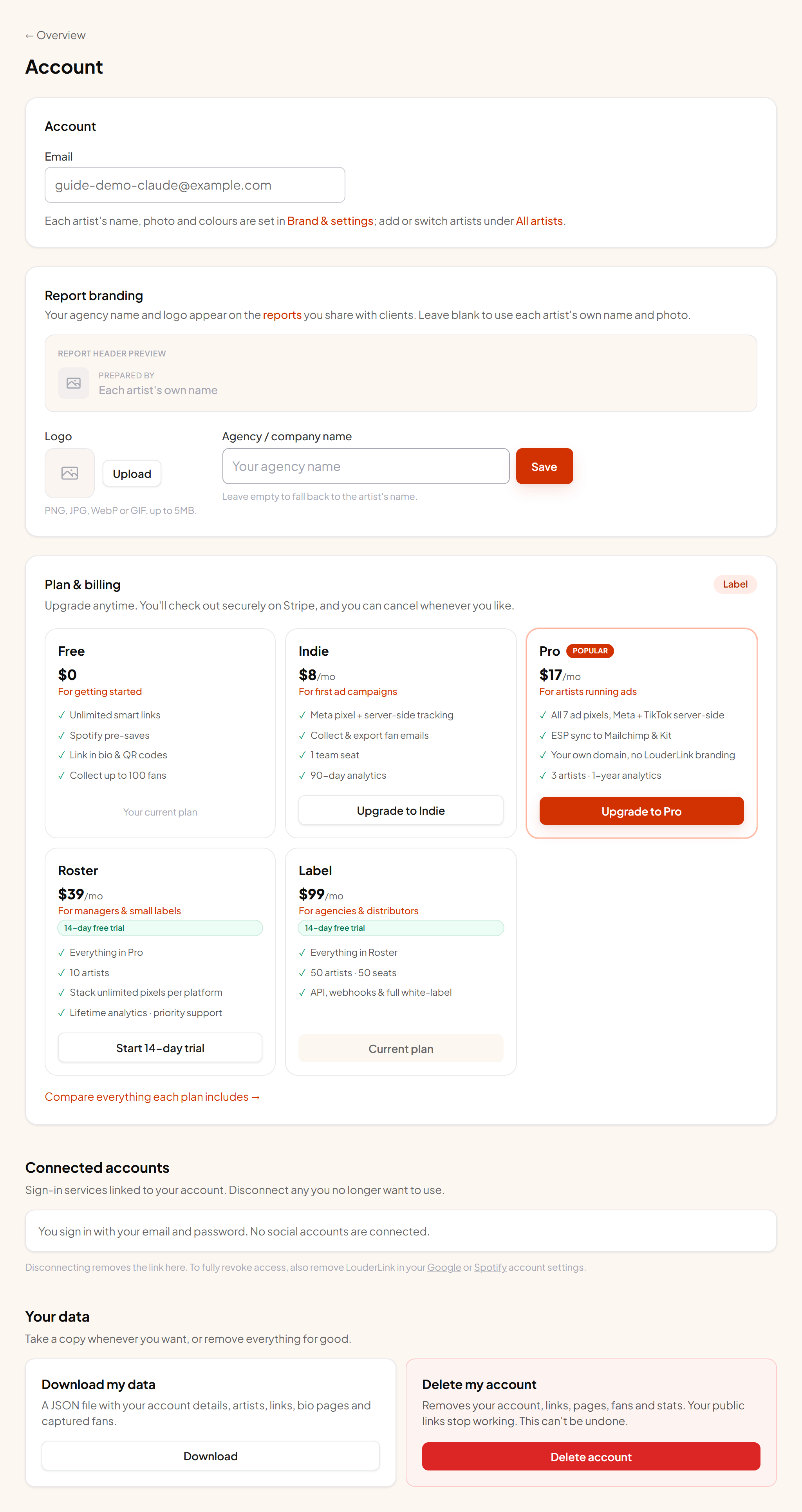 The Account page: plan, billing and your data.