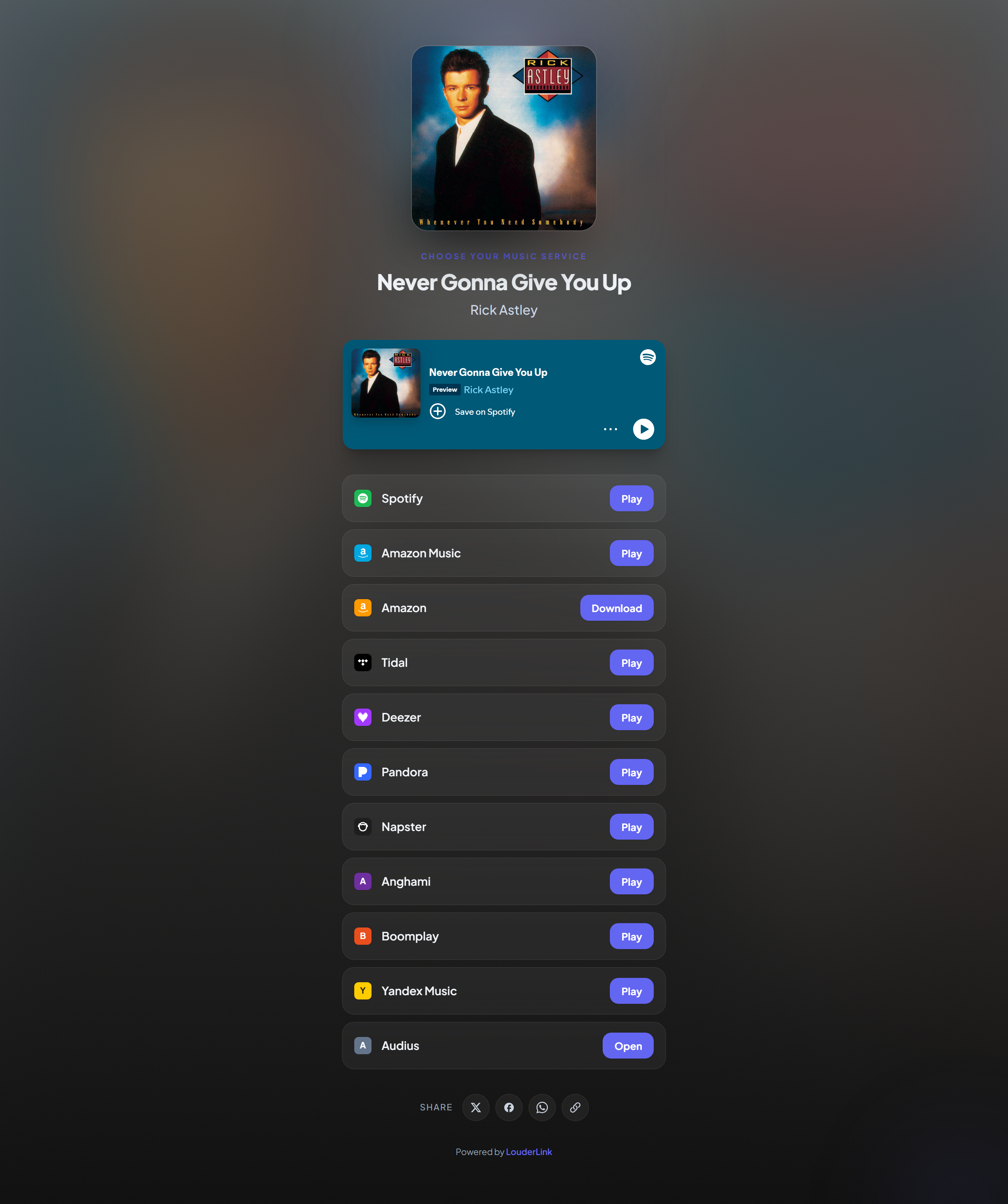 What a fan gets: artwork, title, and a button per service.