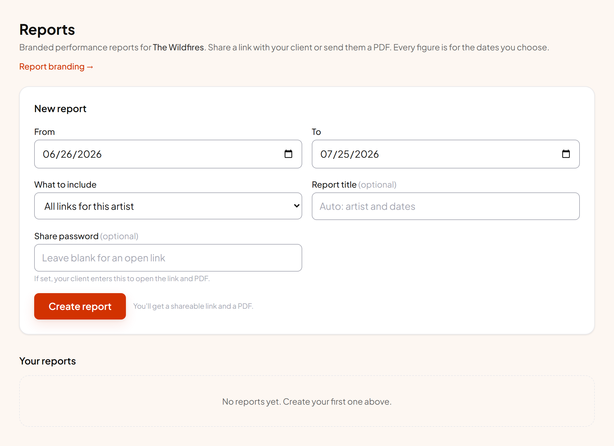The Reports page: create one, then share or download it.