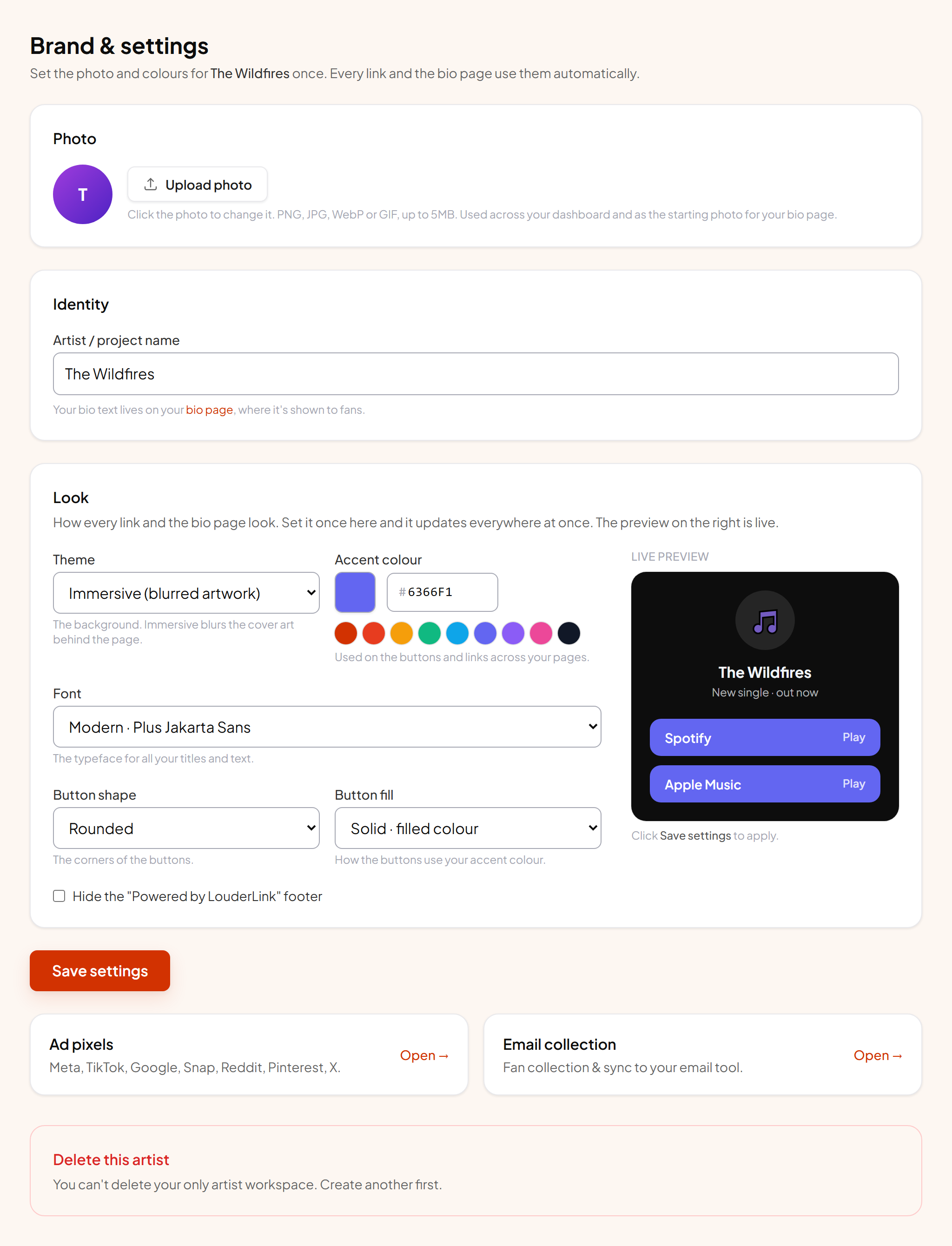 Artist settings, where the look is defined.